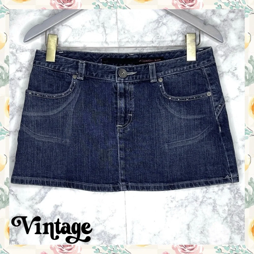 Calvin Klein Y2K Dark Wash Denim Mini Skirt Crystal Embellished Juniors 9